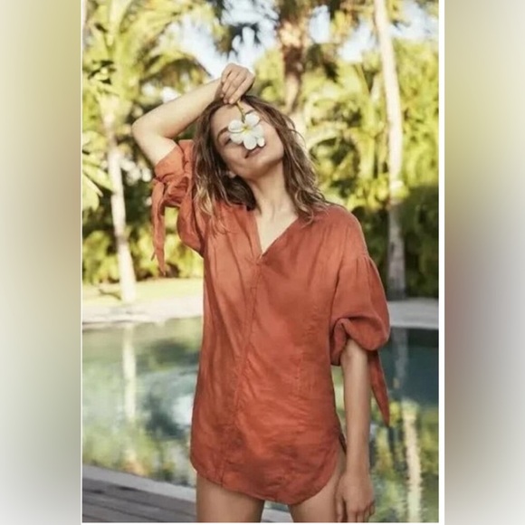 Holding Horses rust‎ orange tunic lagenlook linen top M - Picture 2 of 8